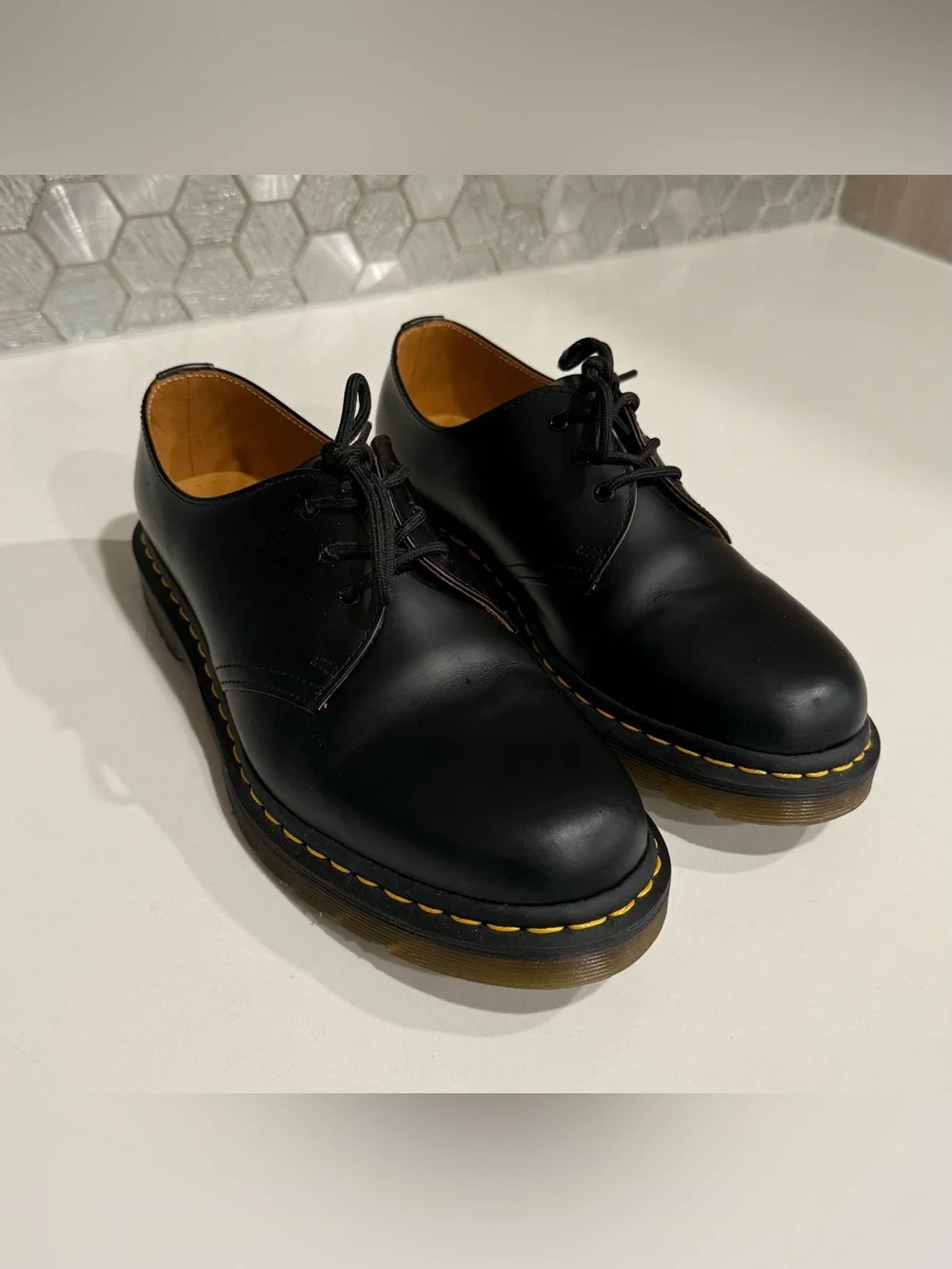 Dr. Martens Black Leather 3-Eye Derby with Yellow Stitching